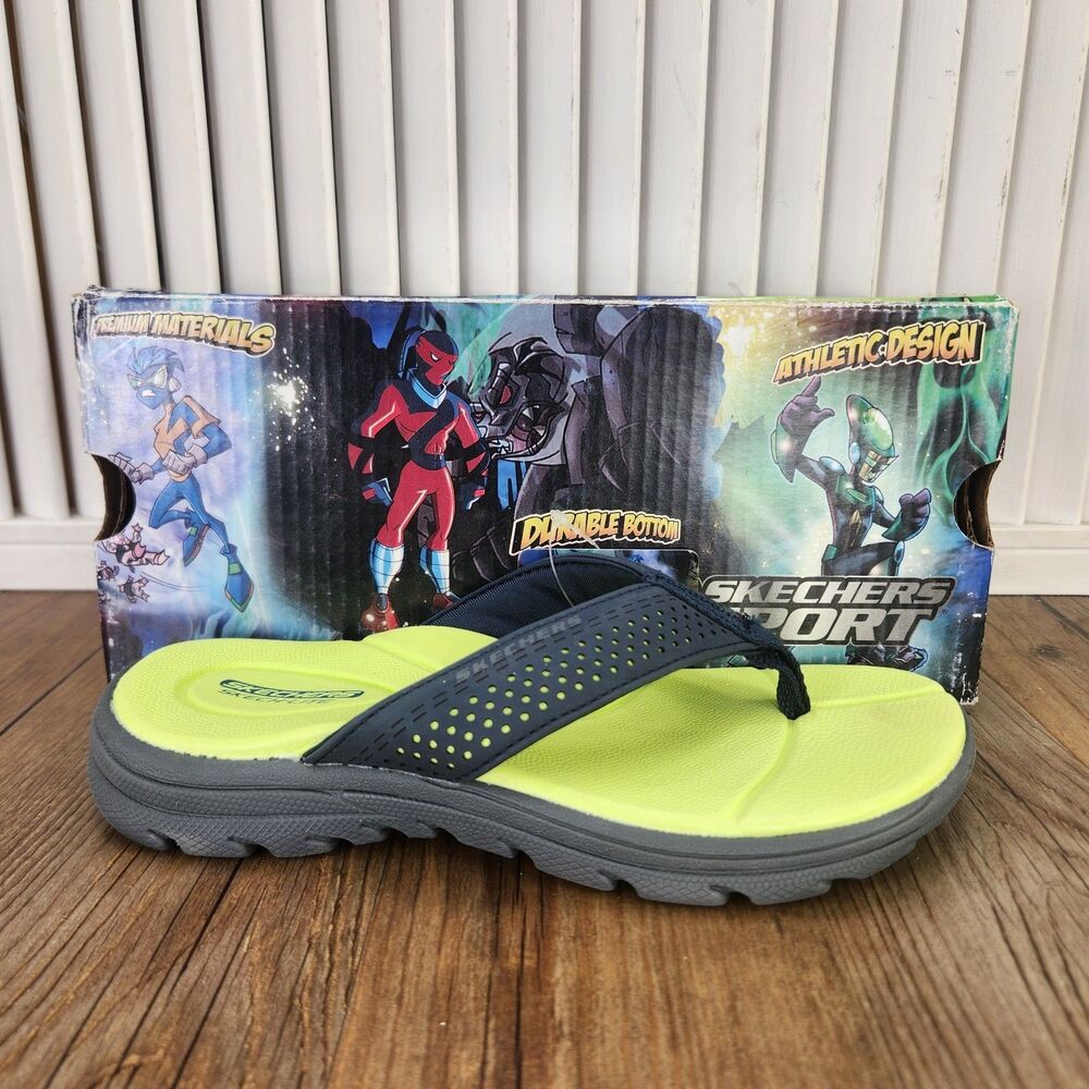 Skechers Sport Supreme Pool Days Flip Flops Boys Sz 13 Navy Green Beach Sandals